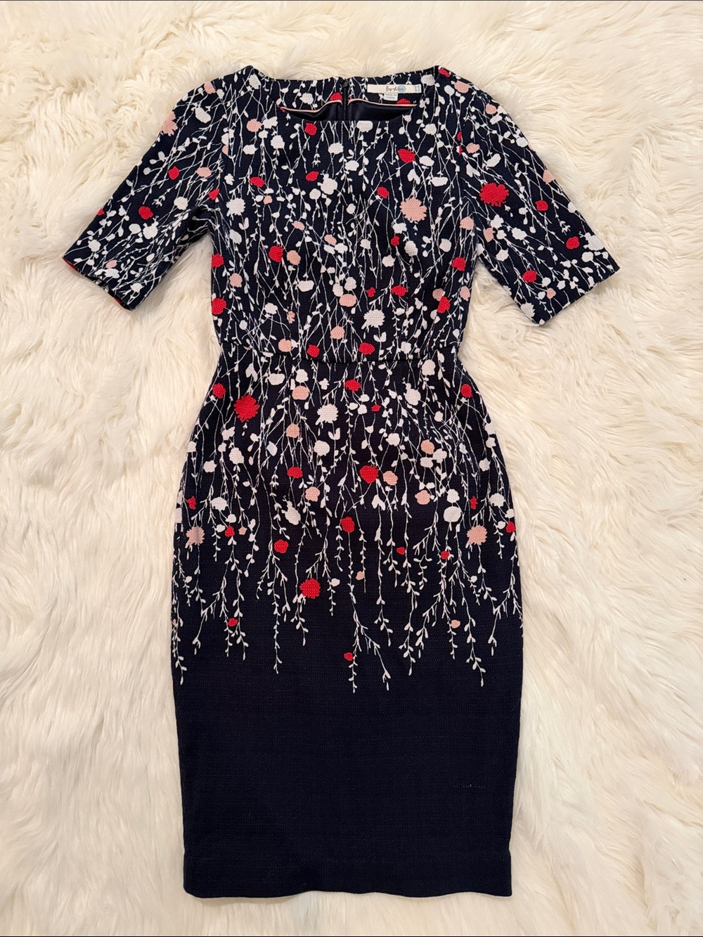 Boden Navy Midi Dress with Pink & Red Floral Print